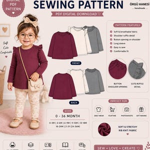 Può includere: Un cartamodello digitale per una maglia a maniche lunghe per bambina con volant sulle spalle e aperture con bottoni. Il documento mostra le viste frontali e posteriori in bordeaux, crema e grigio, con taglie da 0 a 36 mesi.