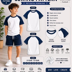 Könnte beinhalten: Digitales PDF-Schnittmuster für ein Raglan-T-Shirt für Jungen. Das Design hat einen weißen Körper mit marineblauen Raglanärmeln und einem runden Halsausschnitt. Größen für 8- bis 15-Jährige. Digitaler Download.