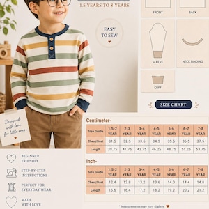 Op de afbeelding: Een digitaal PDF-naaipatroon voor een gestreepte henley-top voor kinderen, maten 1,5 tot 8 jaar. Inclusief een maattabel in centimeters en inches, patroondelen voor voorpand, achterpand, mouw, halsboord en manchet voor gebreide stoffen.