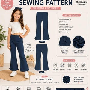 May include: Digital PDF sewing pattern for girls' ribbed flare pants. Sizes range from 1.5 to 8 years. Features include a comfortable fit, elastic waist, flared leg, ribbed fabric, and bow detail. The pattern is easy to sew.