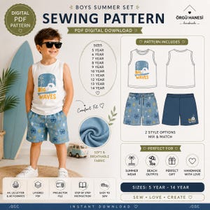 May include: A sewing pattern for a boys' summer set, including a tank top and shorts. The pattern offers sizes from 5 to 14 years. The design features a "Big Waves" graphic. The pattern is available as a digital PDF download.