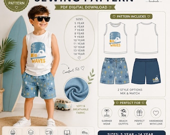 Zomertanktopshort voor jongens Naaipatroon voor kinderen (digitale download) Maten 5-14