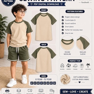 May include: A digital PDF sewing pattern for a boys raglan t-shirt by Örgü Hanesi. The design features a beige body with olive green raglan sleeves, a round neckline, and short sleeves. Includes front and back views, size range 8Y-15Y, and icons.
