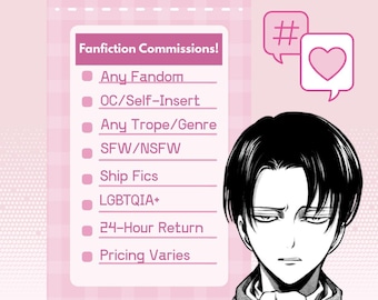 Può includere: Una grafica rosa che presenta un elenco intitolato Fanfiction Commissions! con punti elenco per Any Fandom, OC/Self-Insert, Any Trope/Genre, SFW/NSFW, Ship Fics, LGBTQIA+, 24-Hour Return e Pricing Varies, accanto a un personaggio anime in bianco e nero.