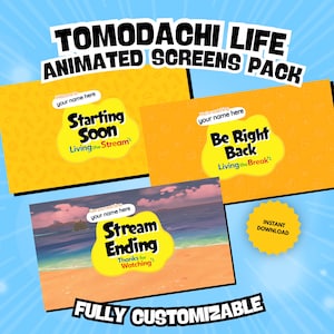 Puede incluir: Un paquete de pantallas animadas para streaming, con un diseño de nube amarilla y texto. Las pantallas muestran "Starting Soon", "Be Right Back" y "Stream Ending". El diseño incluye el texto "TOMODACHI LIFE ANIMATED SCREENS PACK" y "FULLY CUSTOMIZABLE".