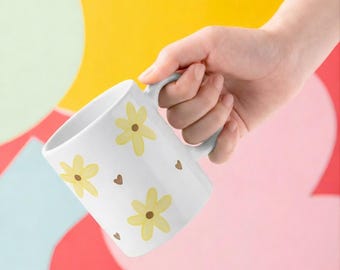 Hand Drawn Floral Mug - Cute Flower Coffee Mug - Cozy Aesthetic Tea Cup - Illustrated Ceramic Mug Gift