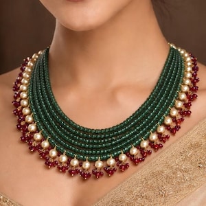 Collar multicapa de cuentas verdes, gargantilla con perlas colgantes, joyería para bodas indias
