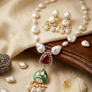 Puede incluir: Un conjunto de collar y pendientes con perlas blancas irregulares. El collar incluye un colgante central con una piedra roja grande, una forma de l&aacute;grima esmaltada en verde con un motivo de loto y peque&ntilde;os colgantes de perlas.