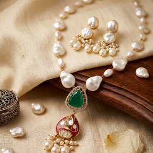 Conjunto de collar nupcial de perlas, gargantilla llamativa estilo Kundan, joyería nupcial india, pendientes elegantes imagen 11