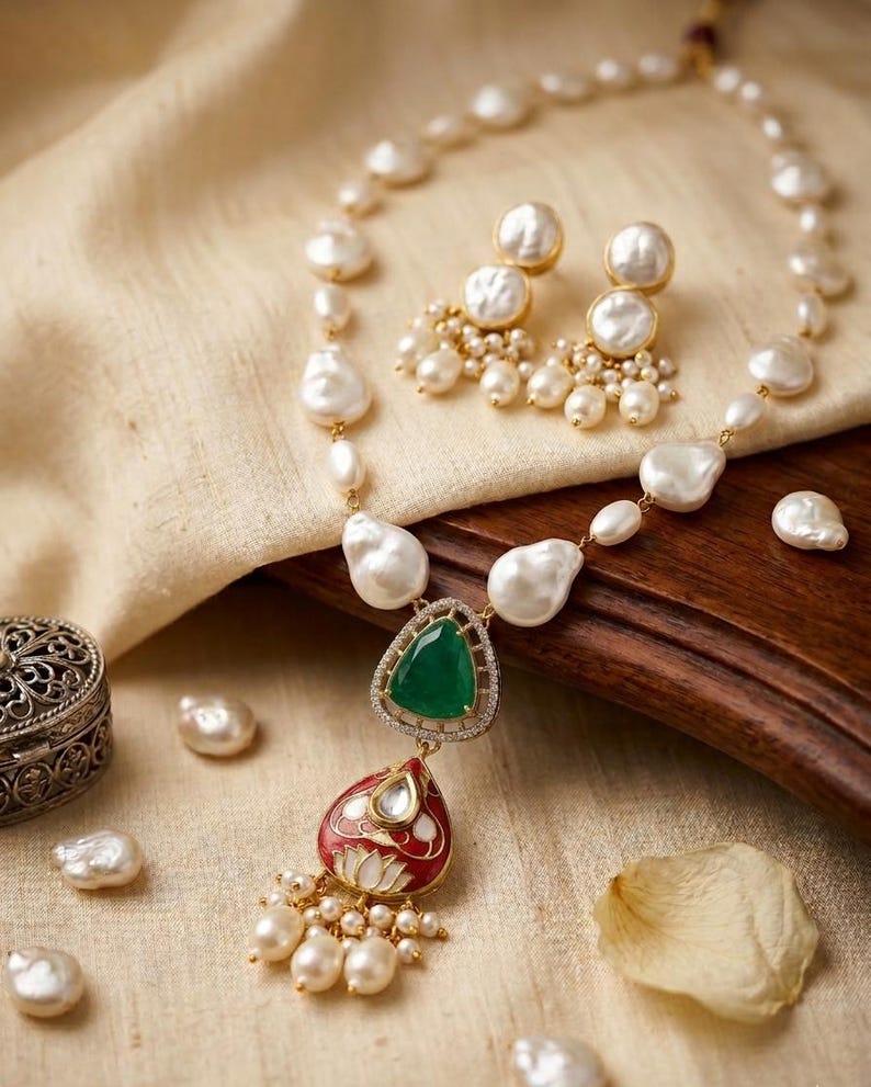 Conjunto de collar nupcial de perlas, gargantilla llamativa estilo Kundan, joyería nupcial india, pendientes elegantes imagen 11