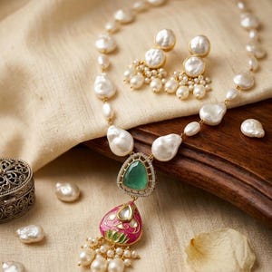 Puede incluir: Un conjunto de collar y pendientes con perlas barrocas blancas. El collar incluye un colgante central con una piedra verde triangular sobre una forma de l&aacute;grima esmaltada en rosa con un motivo de loto, acentuado con perlas blancas.