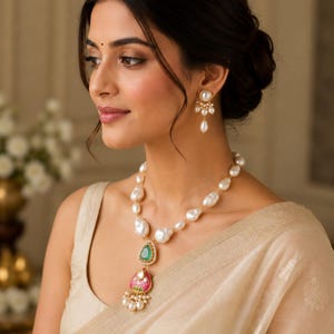 Puede incluir: Un collar con perlas blancas irregulares en una cadena dorada con un colgante central que contiene una piedra verde en forma de l&aacute;grima, una secci&oacute;n esmaltada en rosa y peque&ntilde;as perlas colgantes, junto con pendientes de perlas a juego.