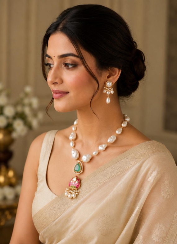 Pearl Bridal Necklace Set, Kundan Style Statement Choker, Indian Wedding Jewelry, Elegant Earrings