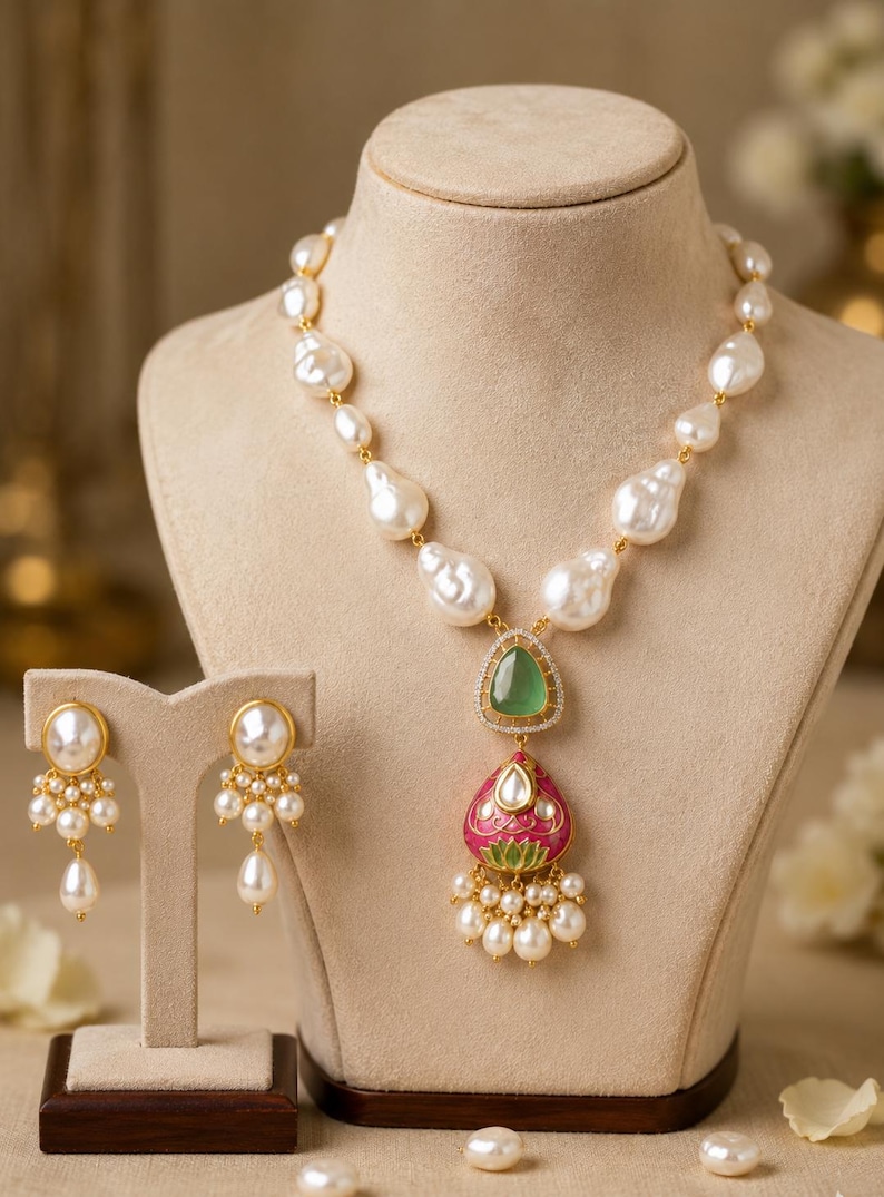 Puede incluir: Un conjunto de collar y pendientes con perlas barrocas blancas. El collar tiene un colgante central con una piedra verde, una forma de gota esmaltada en rosa y peque&ntilde;as perlas colgantes. Los pendientes cuentan con una perla y perlas peque&ntilde;as.