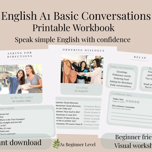 Pode incluir: Caderno de exercícios imprimível de Conversas básicas em inglês A1 com folhas de trabalho visuais. O caderno inclui diálogos para pedir indicações e pedir, com lições para iniciantes. O texto "Speak simple English with confidence" é visível.