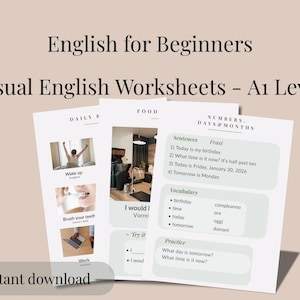 Pode incluir: Um conjunto de folhas de exercícios de aprendizagem de inglês para iniciantes. As folhas de exercícios são intituladas "Visual English Worksheets - A1 Level" e incluem vocabulário e prática de frases. A imagem também inclui o texto "English for Beginners" e "Instant download".