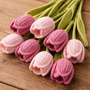 Virkat tulpanmönster PDF, handledning för realistisk blombukett, enkla vårvirkade blommor, gör-det-själv-present, handgjord virkad blomma, present till henne