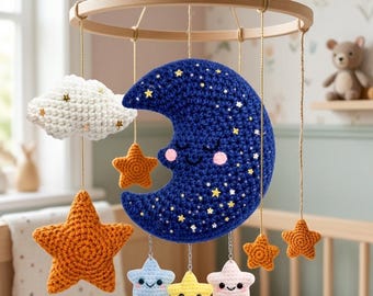 Patrón de ganchillo para móvil de cuna en PDF / Móvil de cuna con luna creciente, estrellas y nubes – Decoración de cuna amigurumi / Regalo para baby shower DIY / Descarga instantánea