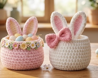Wzór na szydełkowy koszyk z wielkanocnym zajączkiem w formacie PDF – amigurumi, pojemnik na jajka i koszyczek do przechowywania, łatwy w wykonaniu, wiosenny prezent dla początkujących, koszyk 2 w 1