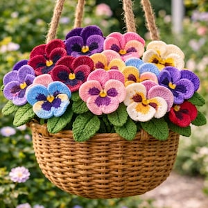 May include: A hanging basket filled with colorful, crocheted pansies. The flowers are in shades of purple, pink, yellow, blue, and red, with green leaves. The basket is made of woven wicker and is suspended by thick, brown rope.
