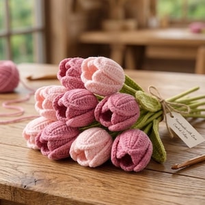 May include: A bouquet of handmade crochet tulips in varying shades of pink, from light to deep rose, tied with green stems and a twine bow. A tag reads "Handmade with Love Crochet Tulips". The bouquet rests on a wooden table.