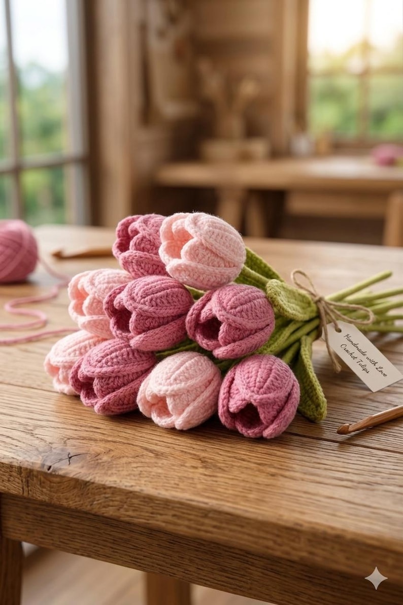 May include: A bouquet of handmade crochet tulips in varying shades of pink, from light to deep rose, tied with green stems and a twine bow. A tag reads "Handmade with Love Crochet Tulips". The bouquet rests on a wooden table.
