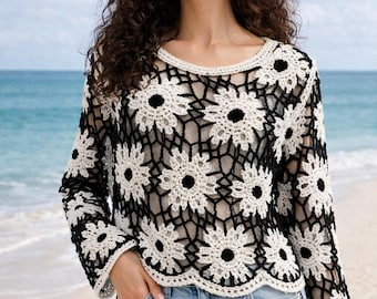 Crochet Daisy Mesh Top, Black White Long Sleeve Floral Sweater, Handmade Boho Summer Cover Up, Black Mesh Floral top, Daisy granny square