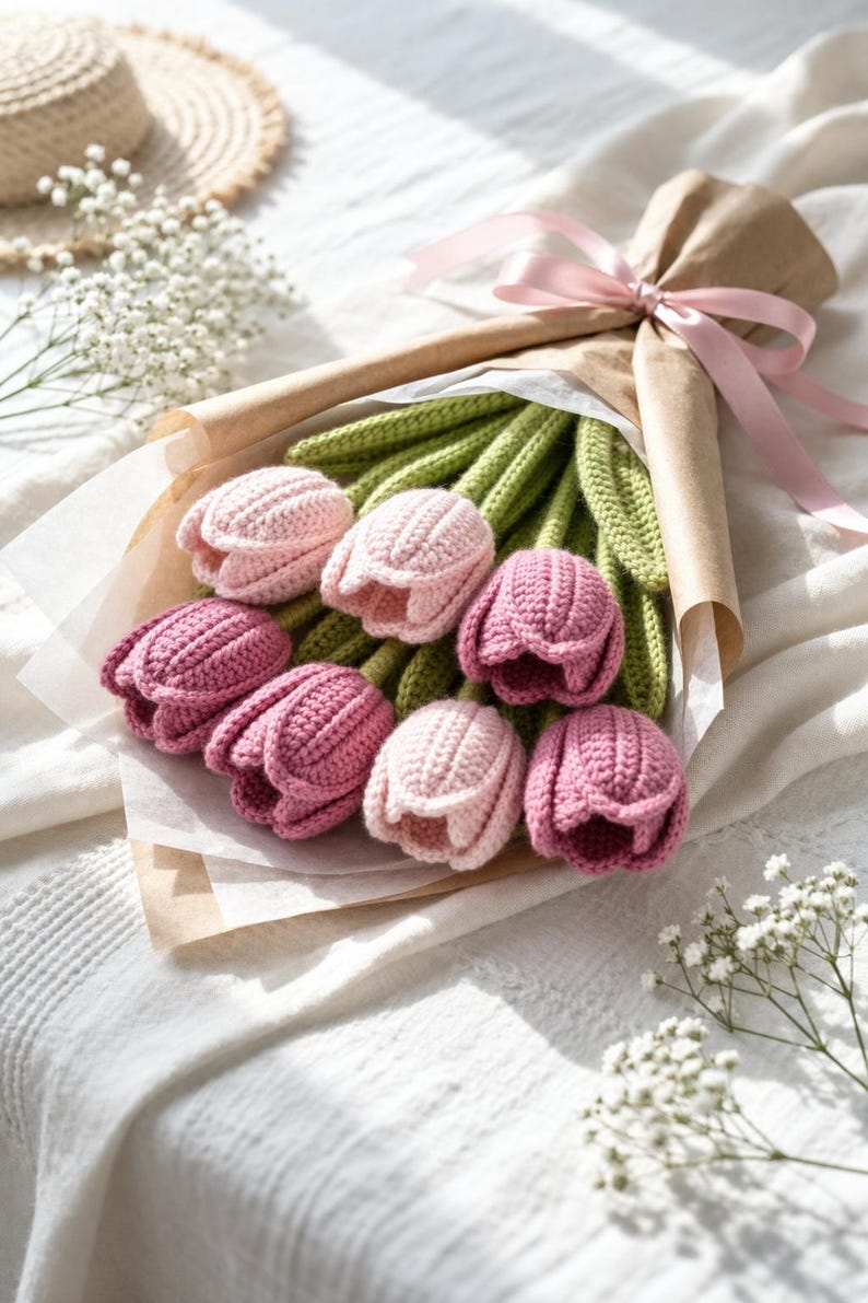 May include: A bouquet of handmade crochet tulips in shades of pink and purple, with green stems, wrapped in brown paper and tied with a pink ribbon. The bouquet rests on a white surface, with a straw hat and white flowers in the background.