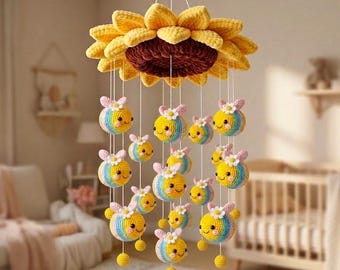 Amigurumi-Babymobile mit Honigbiene | Sonnenblumen-Bienen-Mobile fürs Kinderzimmer | Anfängerfreundliche Plüschdeko | Sofort-Download | Handgefertigt
