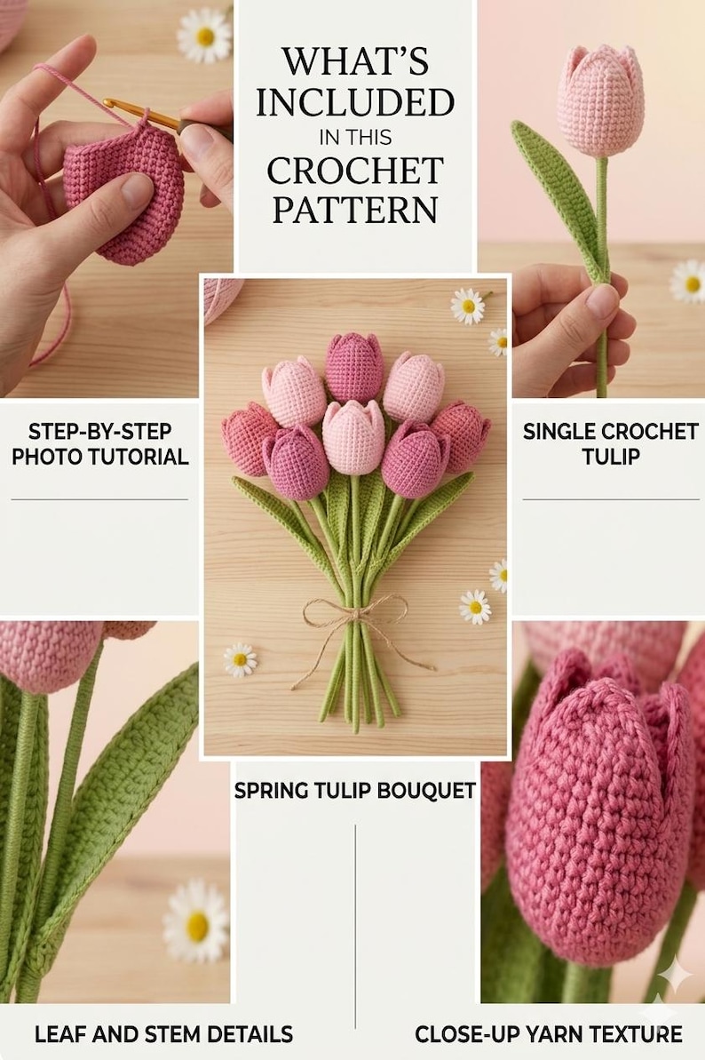 May include: A collage showcasing a crochet pattern for tulips. The image includes a step-by-step photo tutorial, a single crochet tulip, and a spring tulip bouquet. The text reads "WHAT'S INCLUDED IN THIS CROCHET PATTERN". Close-up details highlight the yarn texture, leaf, and stem.