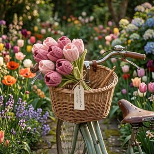 May include: A vintage bicycle with a wicker basket filled with pink and mauve crocheted tulips. The bicycle has a brown leather seat and handlebars. A tag on the tulips reads "Handmade with Love Crochet Tulips". The bicycle is in a garden with colorful flowers.