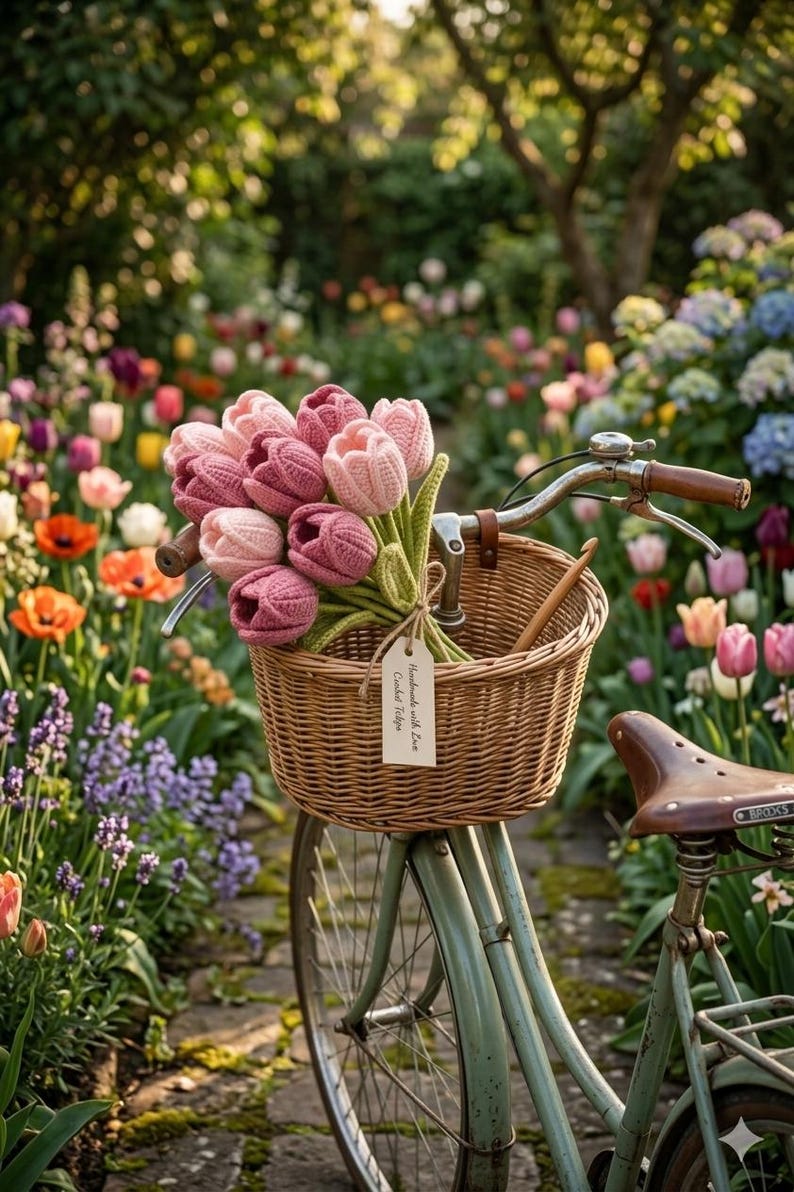 May include: A vintage bicycle with a wicker basket filled with pink and mauve crocheted tulips. The bicycle has a brown leather seat and handlebars. A tag on the tulips reads "Handmade with Love Crochet Tulips". The bicycle is in a garden with colorful flowers.