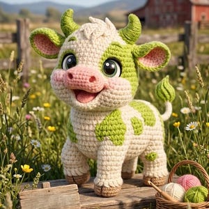 Schema PDF per realizzare all'uncinetto una mucca a macchie verdi – Amigurumi, animale da fattoria, peluche per principianti, tutorial per realizzare un simpatico vitello, mucca delle Highlands, download digitale