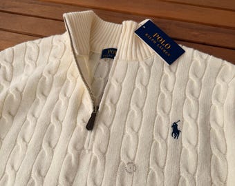 Suéter vintage Ralph Lauren de punto trenzado en color crema, corte entallado y cremallera de un cuarto