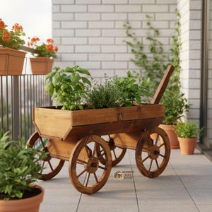 May include: A wooden wagon planter filled with various green herbs. The wagon has large wooden wheels and a handle. The planter is on a balcony with other potted plants and a brick wall in the background.