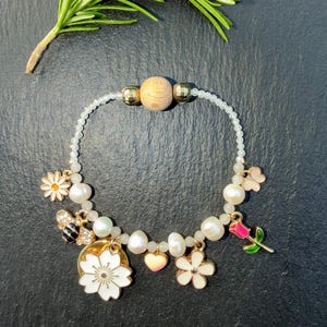 Pearl Charm Bracelet Rose Quartz Diffuser Bead Floral Jewelry Gift
