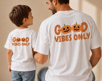 Camiseta Partnerlook "Good Vibes Only" Kürbis Fall Vibe, Bio-Baumwolle, Matching Outfit für Papa , Mama & Kind oder die ganze Familie, Herbst