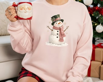 Weihnachtspullover Damen – Retro Snowman Sweatshirt mit Schneemann und rosa Schal, Weihnachtspulli, Christmas Sweater