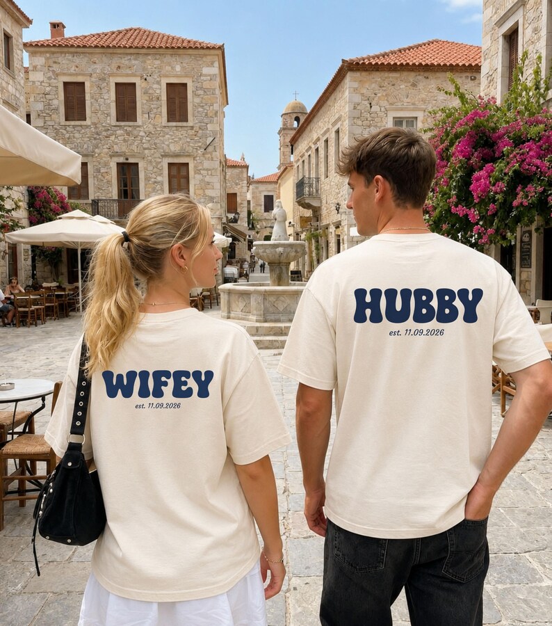 Personalisiertes Wifey & Hubby Partner Shirt mit Hochzeitstag. Matching Couple T-Shirt als Geschenk zur Hochzeit, Verlobung, JGA oder Valentinstag.