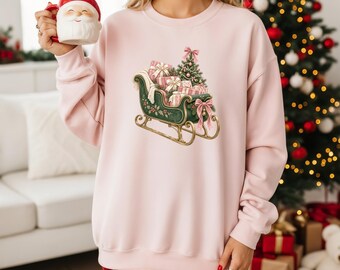 Weihnachtspullover Damen – Retro Schlitten Sweatshirt mit Schlitten und rosa Details, Weihnachtspulli, Christmas Sweater