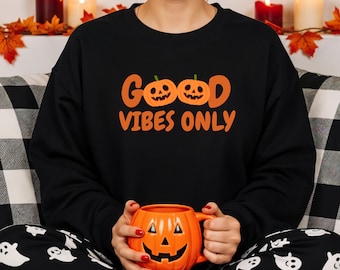 Halloween Sweater Good Vibes Only, Kürbis Pullover Damen, Cute Pumpkin Sweatshirt, Spooky Season, Herbst Sweater, Halloween Geschenk, Fall
