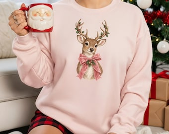 Weihnachtspullover Damen – Retro Rentier Sweatshirt mit Rentier und rosa Schleife, Weihnachtspulli, Christmas Sweater