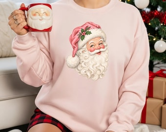 Weihnachtspullover Damen – Retro Santa Sweatshirt mit Weihnachtsmann und rosa Mütze, Weihnachtspulli, Christmas Sweater, Weihnachten Pulli
