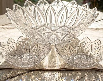 Federal Glass Petal Clear Trio - Large 10” Dessert Bowl & Two 5" Round Coupe Bowls - Antique Botanical Design - Manganese Glow Glass