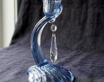 Vintage Cambridge Caprice Moonlight Blue Glass Candlestick Holder with Prism | 1930s Art Deco Single Taper Candle Stand