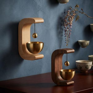 Può includere: Due supporti in legno a forma di C, uno chiaro e uno scuro, ciascuno con una sfera in ottone sospesa sopra una ciotola in ottone abbinata. Il supporto in legno chiaro è montato a parete, mentre quello in legno scuro poggia su una superficie.