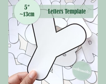 May include: A white letter Y template with a thick black outline. The text Letters Template is visible along with 5 inches and 13cm. The letter Y is part of a collection of white paper letter cutouts with black borders, featuring the text yooleemoolee.