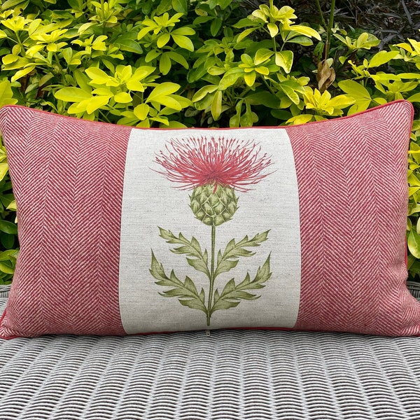 Plaid thistle Bolster cushion cover, red herringbone tweed wool cushion cover, flower of Scotland accent pillow cover, Thistle homeware
