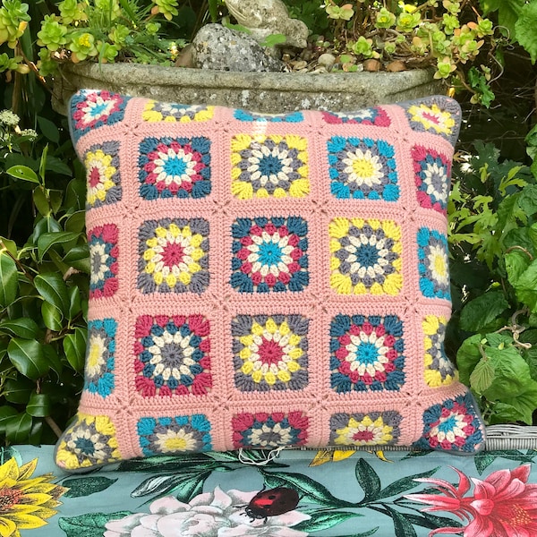 Handmade Crochet cushion cover, Folk art theme multicoloured crocheted pillow, Arts and crafts pure cotton square accent  cushion,