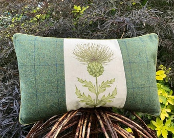 Thistle Bolster Cushion Cover, Scottish theme green thistle plaid pillow cover, Housewarming gift, Scottish theme hand made Easter gift